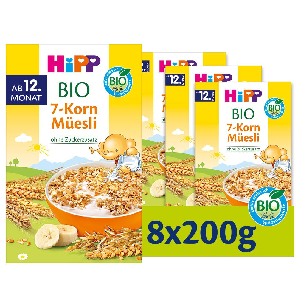 HiPP organic muesli with 7 grains (8 x 200g), from 12 months, no added sugar, extra fine pieces - easy to chew, best organic quality