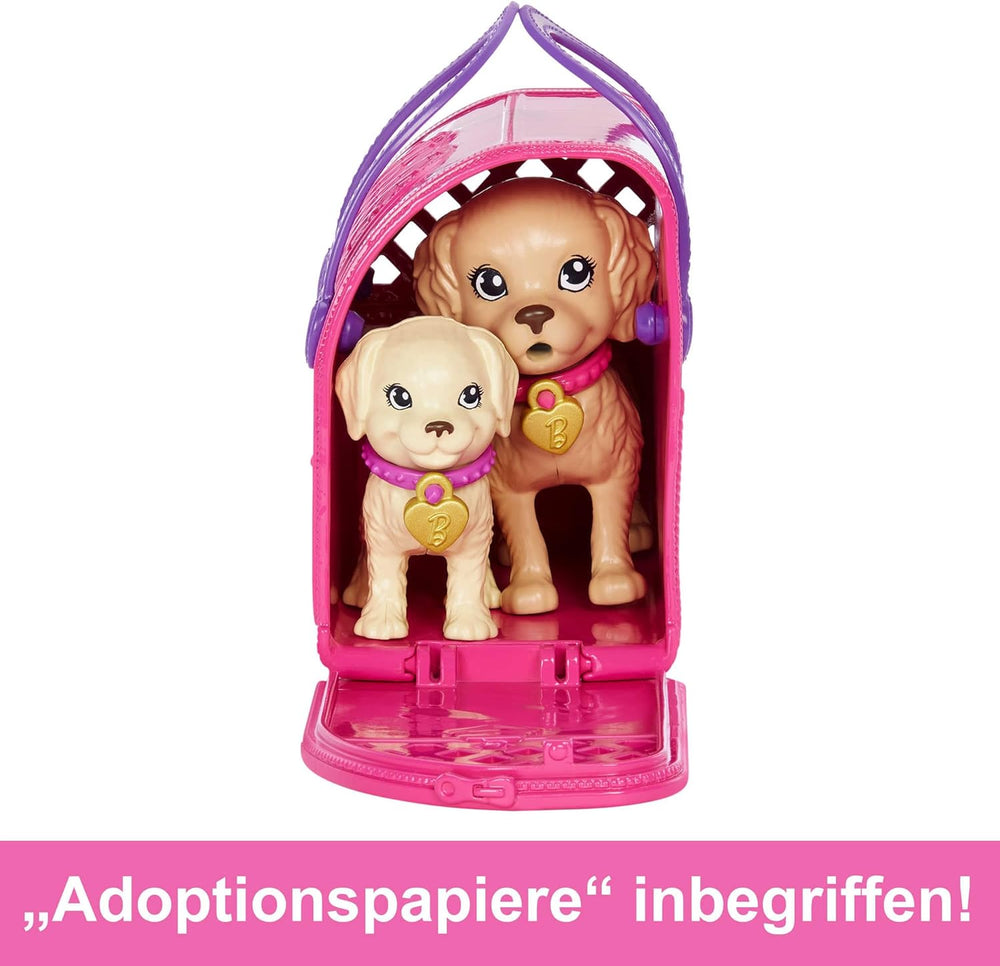 Adopție Cățeluș Barbie - Păpușă și 2 căței, cu certificate de adopție, efect de schimbare a culorii, cușcă și accesorii, pentru copii cu vârsta de 3 ani și peste, 86 HKD