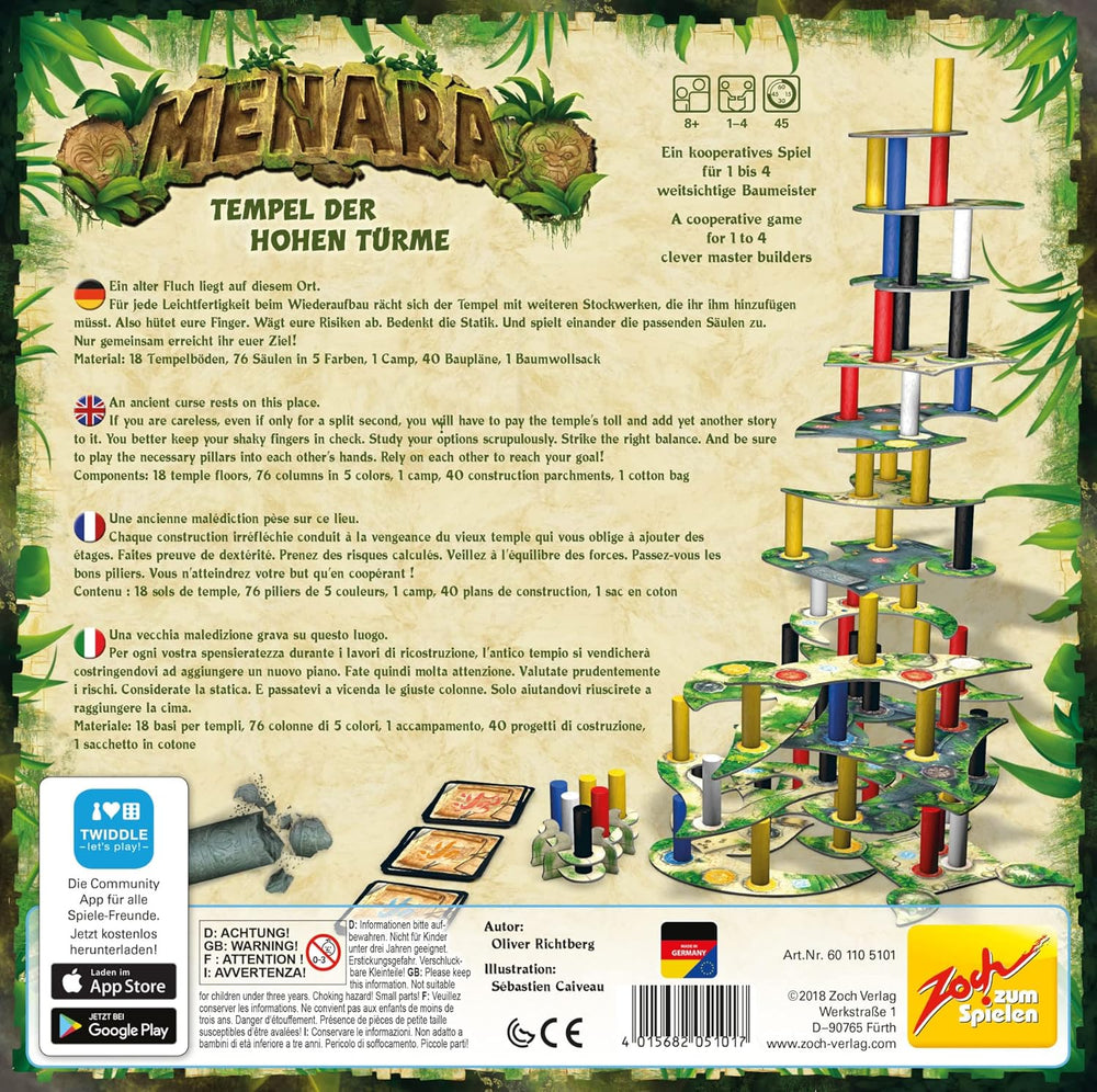 Zoch 601105101 Menara - Temple of High Towers, a tactical tower building game for 1 to 4 builders, the addictive stacking game for the whole family, for children aged 8 and up