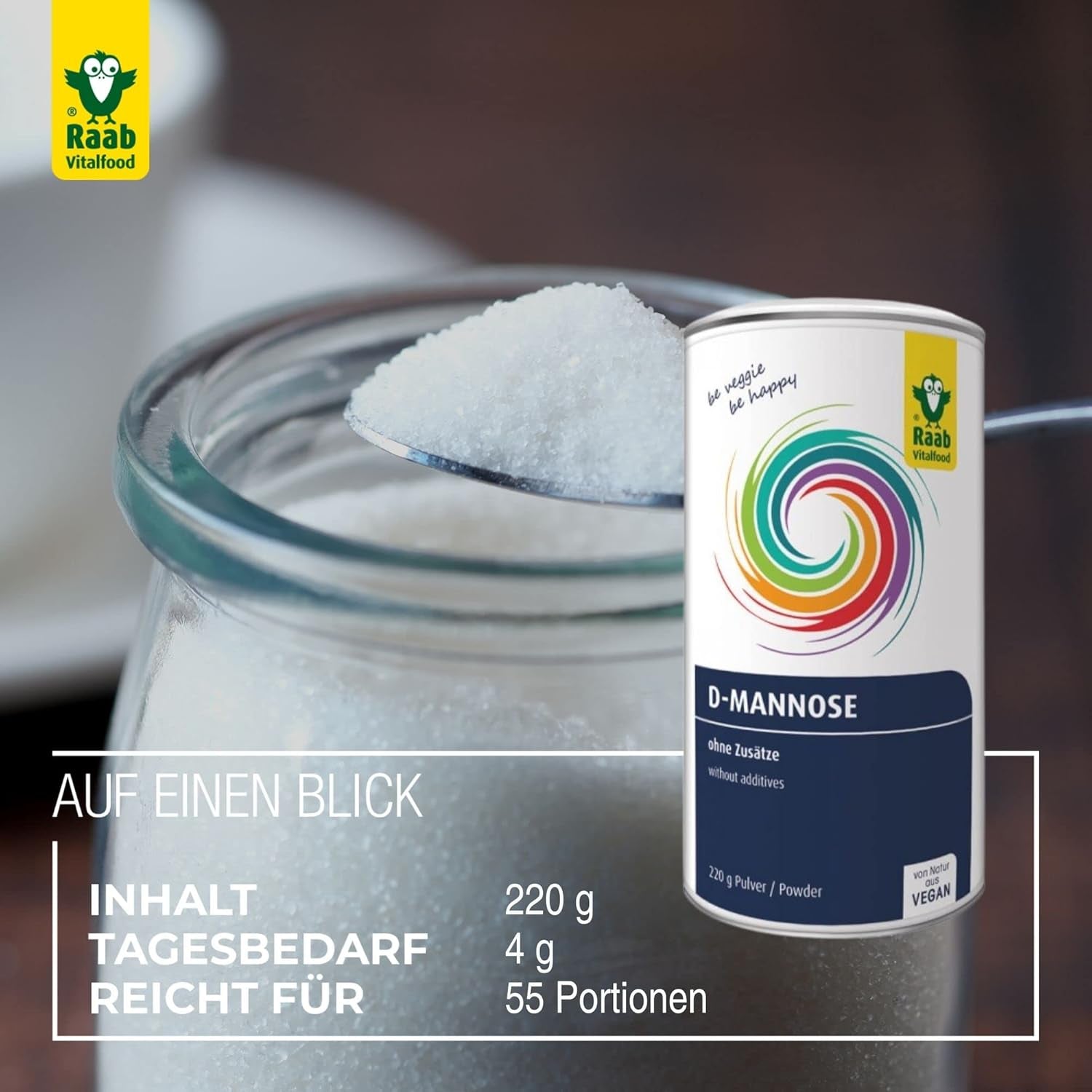 Raab Vitalfood® D-Mannose Powder (220 G) - Frei Von Zusätzen, Vegan, Glutenfrei, Gut Löslich, Mit Meßlöffel in Der Dose, Vorratspackung, 100% D-Mannose (Gewonnen Aus Mais) Sweeteners Naty Shop