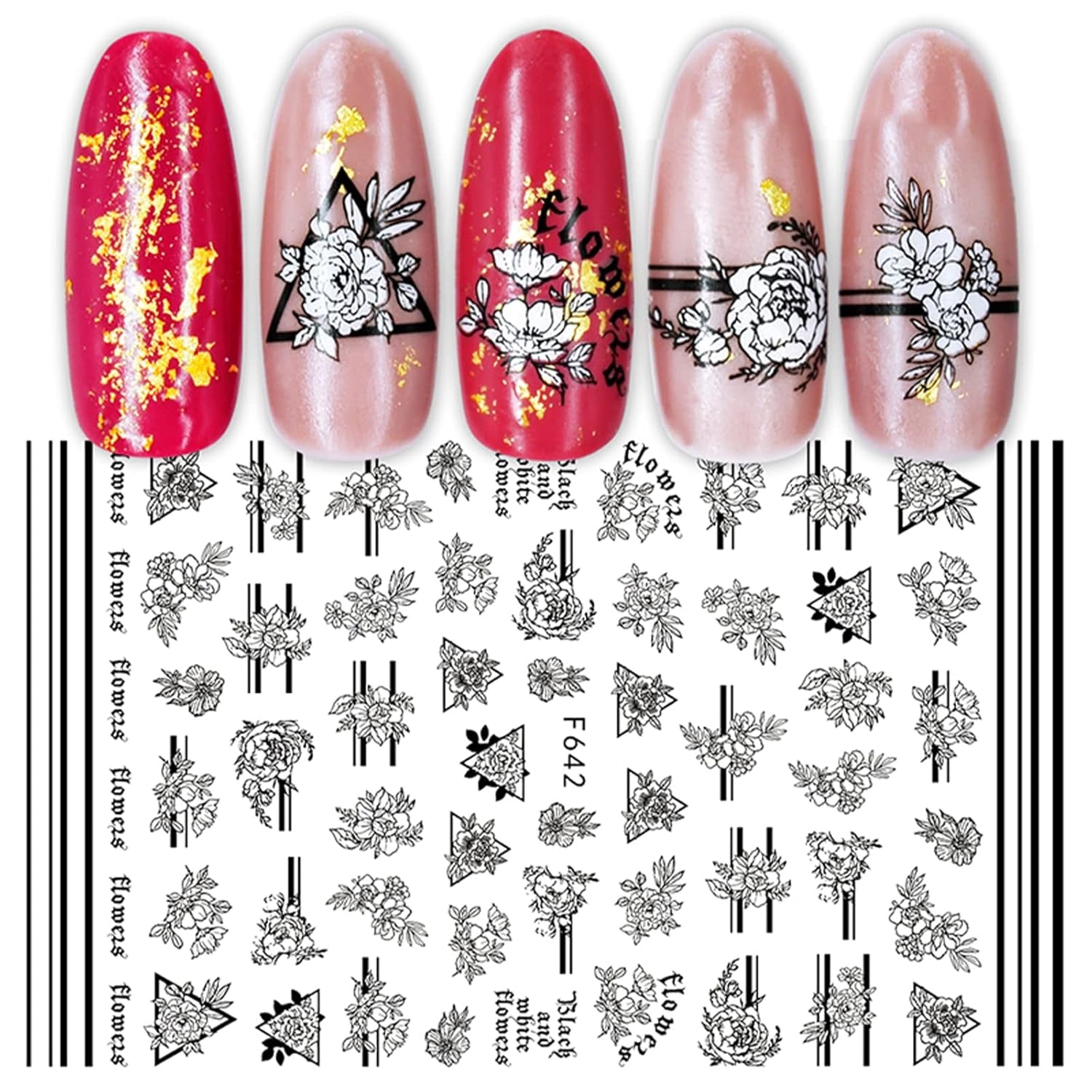 JMEOWIO Nagelsticker Geometrie 10 Blatt Nagelaufkleber Selbstklebend Schwarzes Herz Unregelmäßig Geformt Nail Art Sticker Dekoration Nageldesign Zubehör