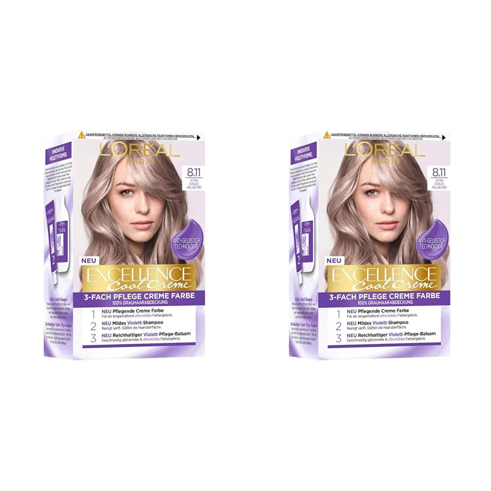 L'Oréal Paris Permanent Hair Colour Colour Result, 100% acoperire păr gri, set cu colorant, șampon și cremă de îngrijire, Excellence Cool Creme, Nr. 8.11 Ultra cool blond deschis (Blond) (pachet de 2) Vopsea pentru par Naty Shop Titlu implicit