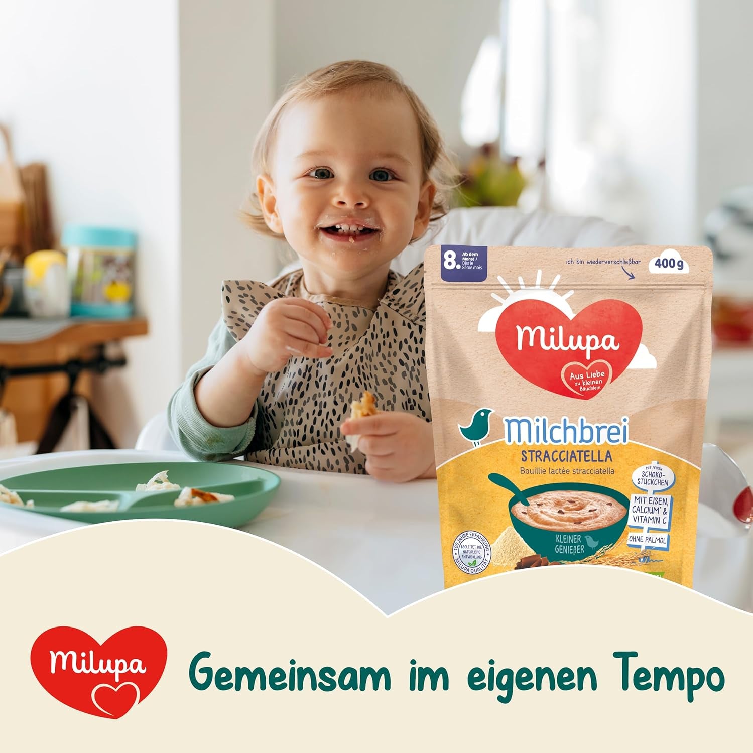 Milupa Stracciatella Milk Porridge - Gluten-free, palm oil-free baby cereal - Free from preservatives and dyes - From 8 months - 4 x 400 g