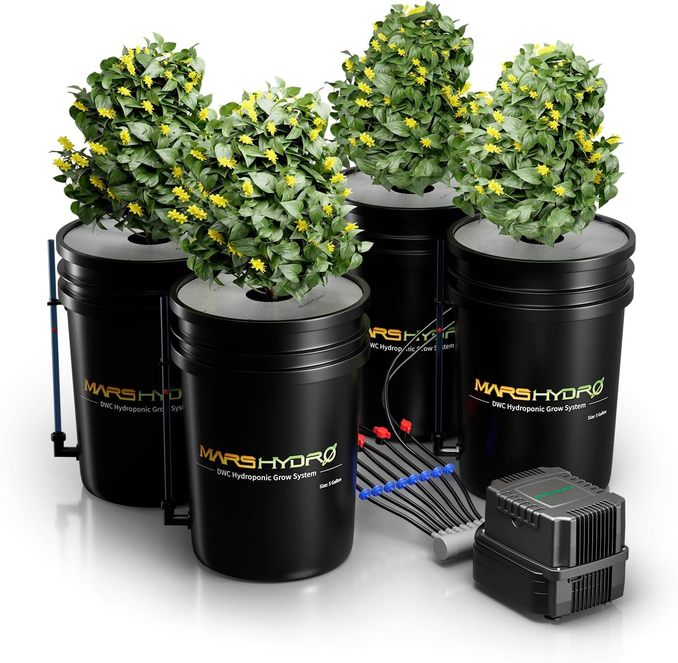 Mars Hydro DWC Hydroponic Grow System, 5 Gallon Deep Water Grow, 8W Air Pump, Multipurpose Air Hose, Air Stone, 2 Buckets and Drip Pot Kit