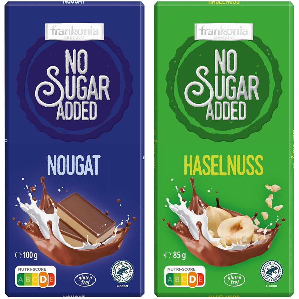 Chocolate with nougat, no added sugar, gluten-free, 100g and chocolate with hazelnuts, no added sugar, gluten-free, 85g