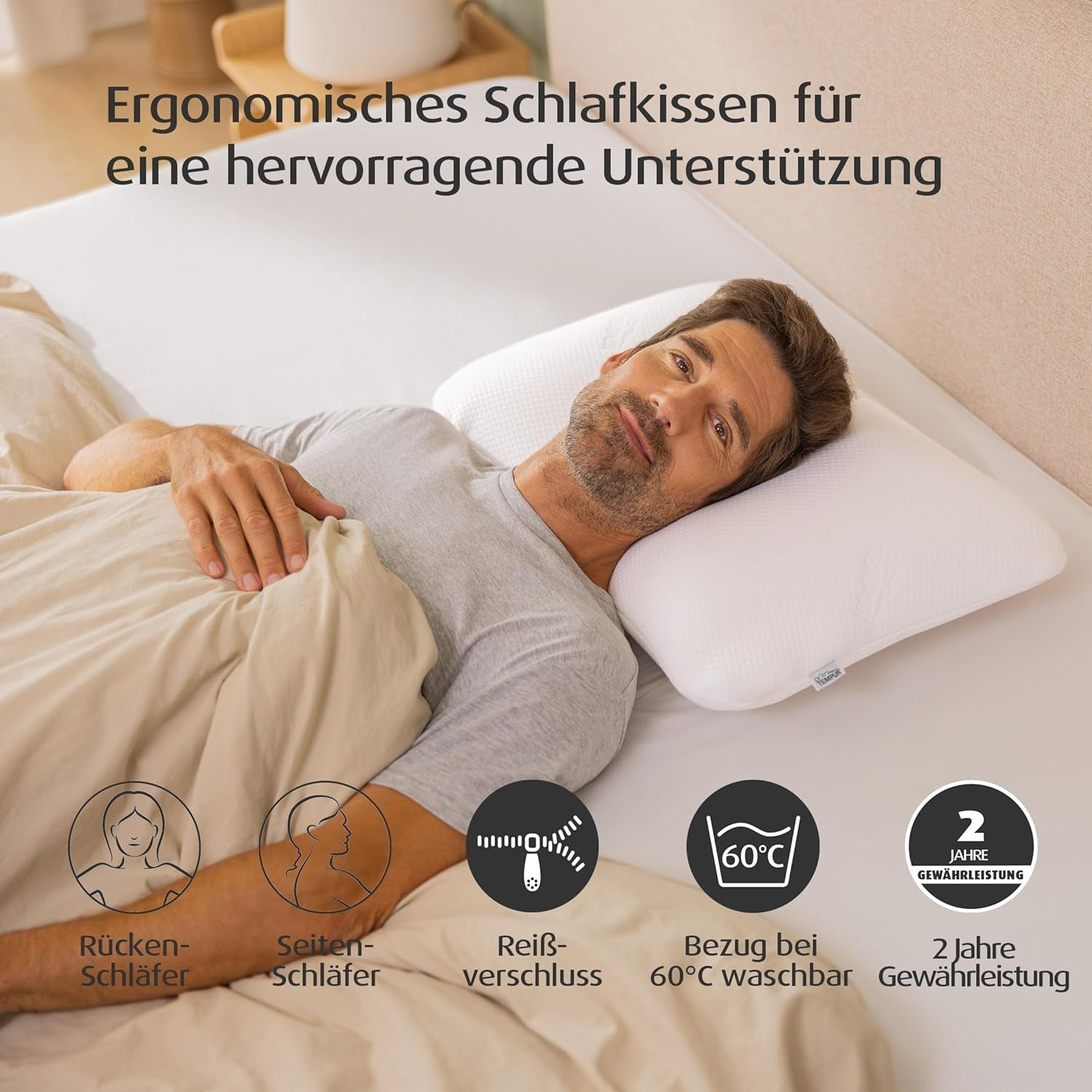 Pernă de dormit TEMPUR Symphony din spumă cu memorie, pernă ergonomică de susținere a gâtului pentru dormit pe spate și lateral, fermă, S (63 X 43 X 11 cm), alb Perne standard Naty Shop