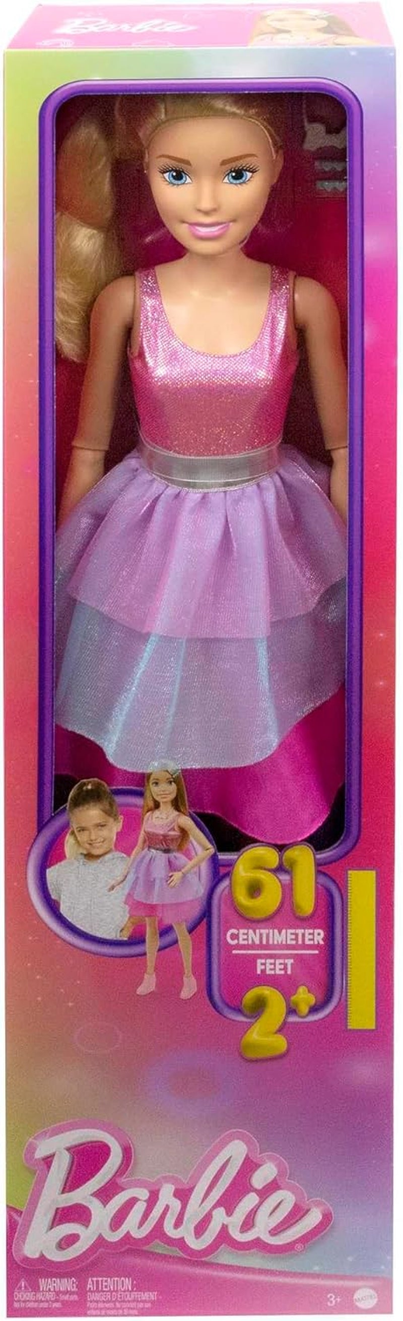 Păpușă Barbie Extra Large (71 cm) - Rochie roz, păr blond cu agrafă și colier, cadou pentru copii cu vârsta de 3 ani și peste, HJY02
