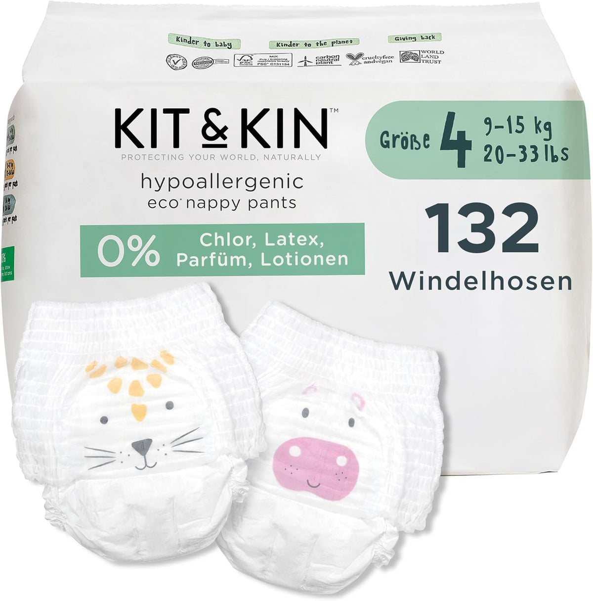 Kit & Kin Premium Eco Diapers, Size 4 (9-16kg), 132 Diapers, Plant Based & Hypoallergenic, Reliable Leak Protection, Vegan & Cruelty Free