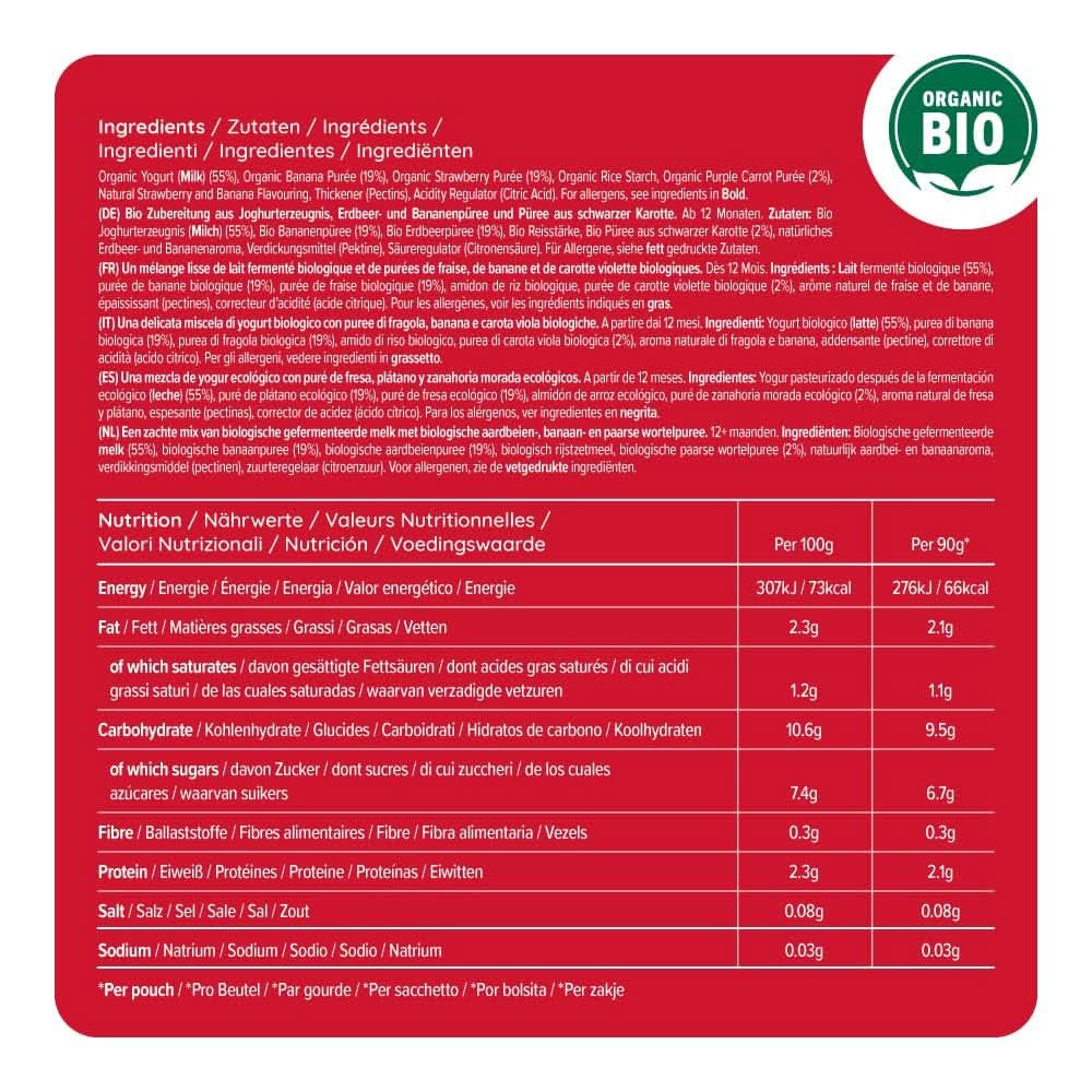 Mama Bear Preparat organic din iaurt, căpșuni, banane și iaurt, vegetarian, 90 grame (pachet de 6) Mama si Copilul Naty Shop