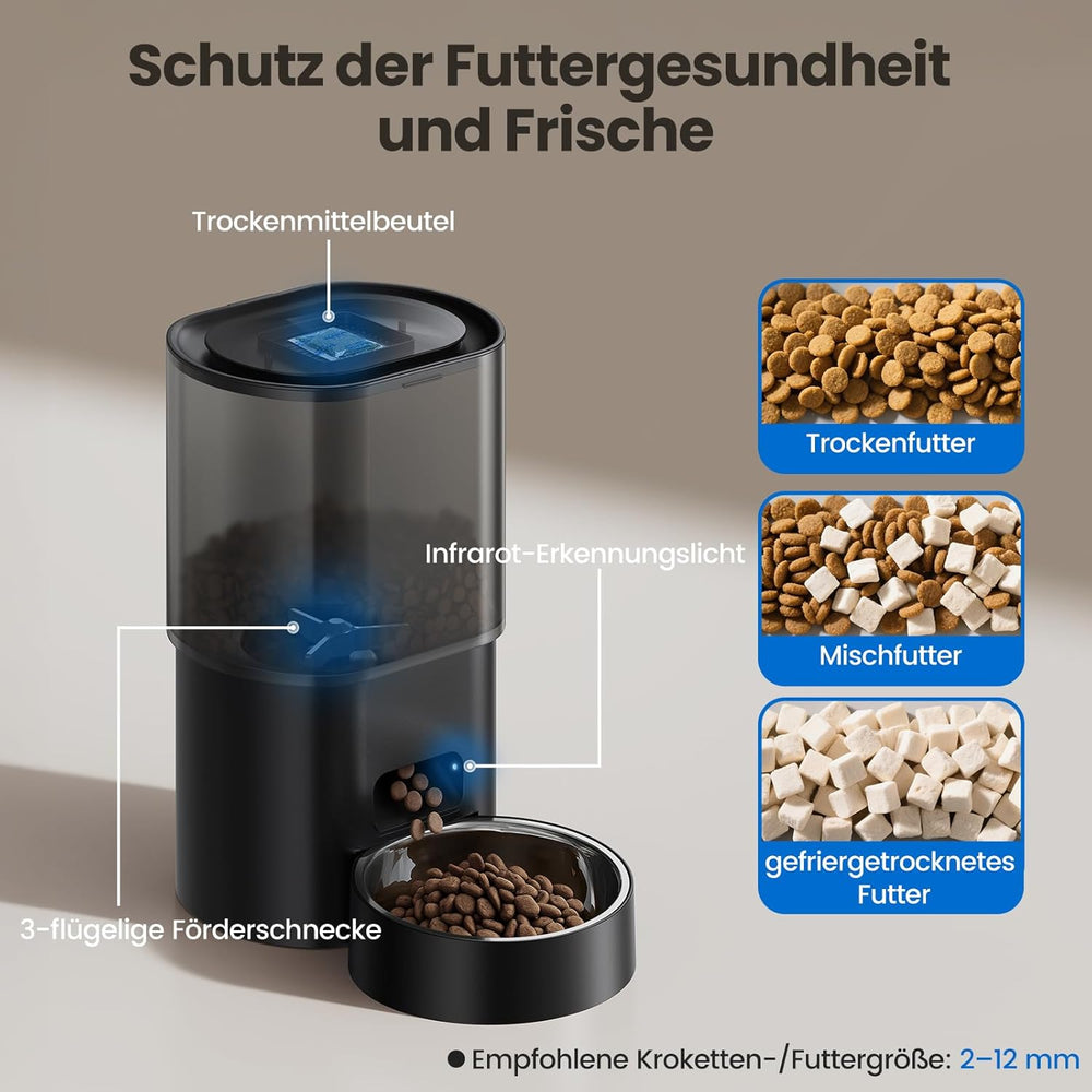 3L Automatischer Katzenfutterspender 2.5L Katzenbrunnen-Set, geräuscharmes App-steuertees Fernfütterungsgerät mit 10 Mahlzeiten per Tag, Anti-Verstopfungs-Design, ideal für Katzen & Welpen