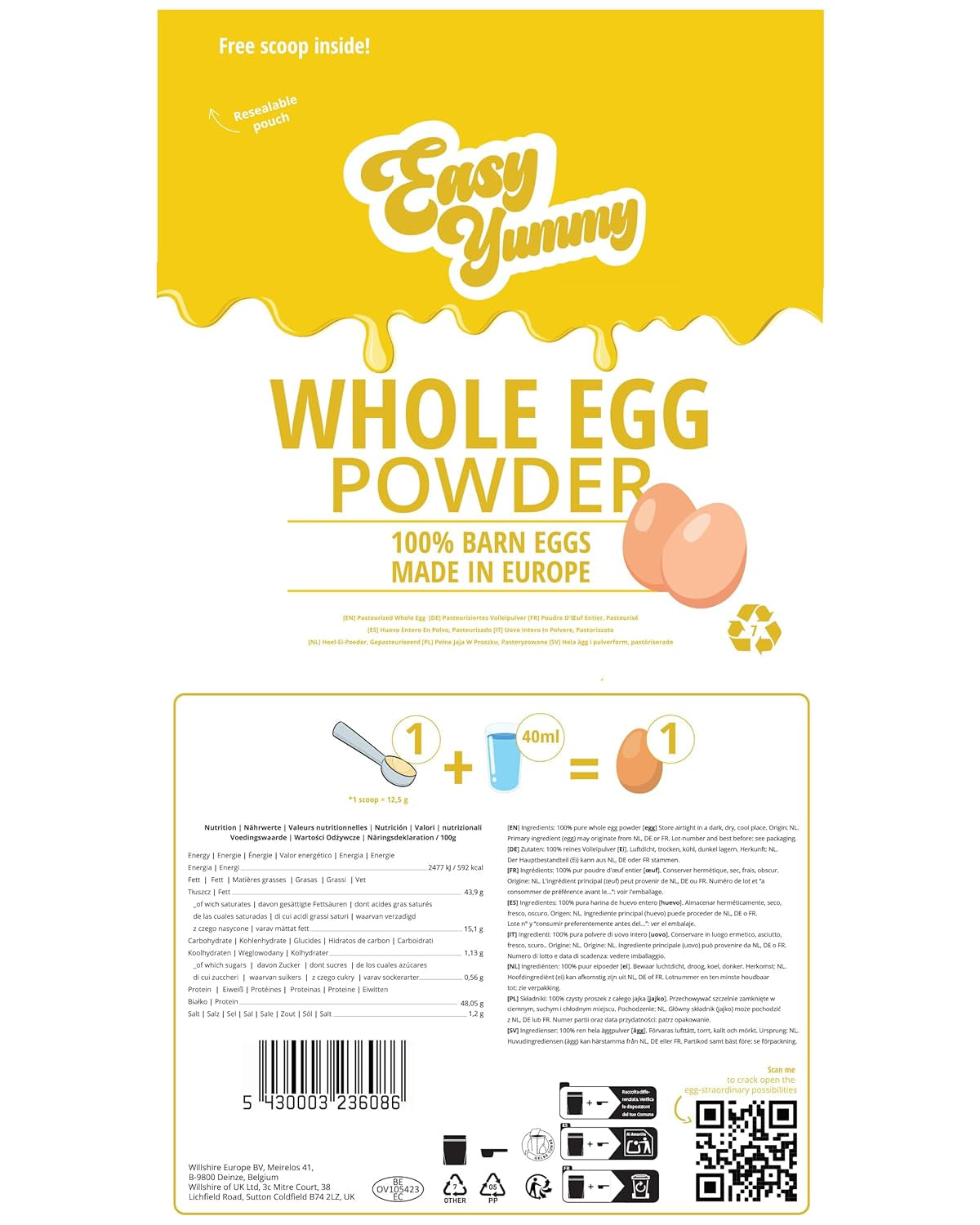 EASY YUMMY - Vollei-Eipulver (1000g = 80 Eier) aus Regionalen Niederländischen Freiland-Eiern | myth 1-Ei-Messlöffel | Wiederverschließbarer Beutel, lange Haltbarkeit | Rührei, Kochen, Backen | 100% them