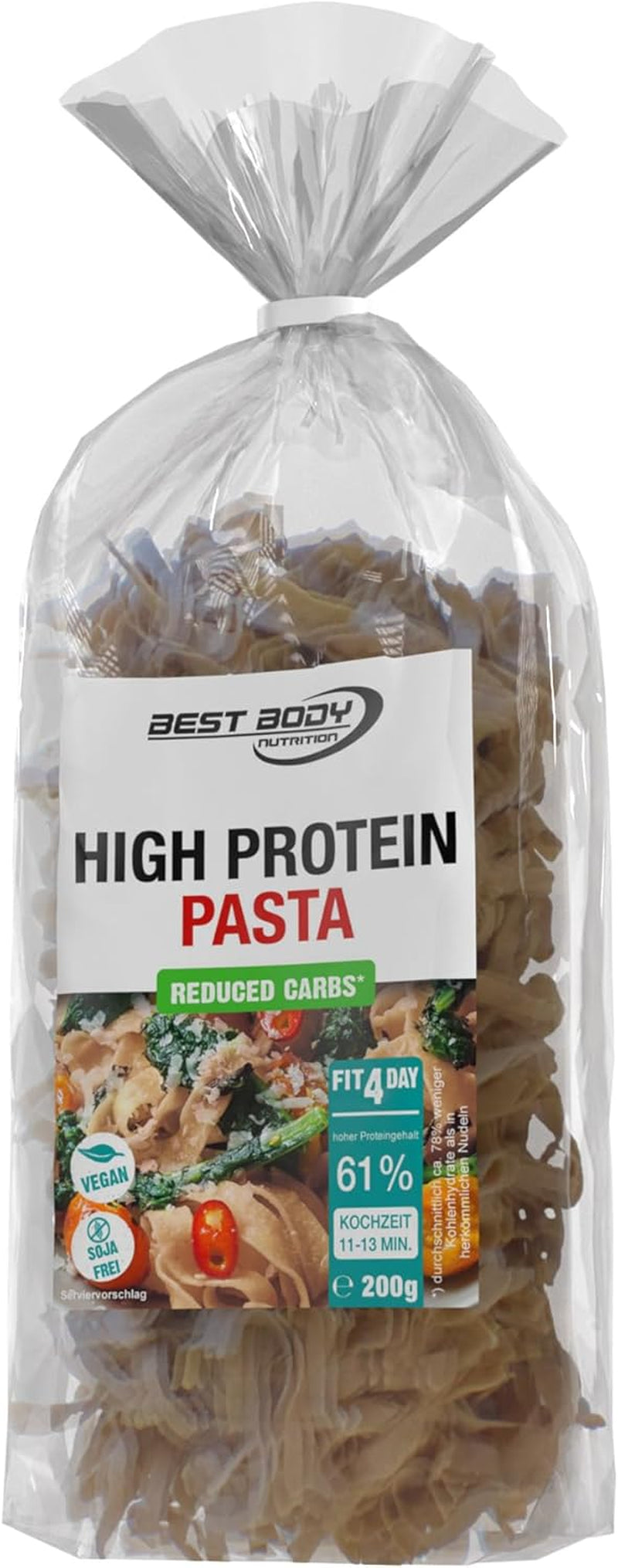 Best Body Nutrition Protein Pasta 6 x 200g - Fit4Day High Protein Tagliatelle - 61% Protein, Low Carb, Vegan & Lactose Free, Soy Free - High Quality Pea Protein - For Low Carb Diets