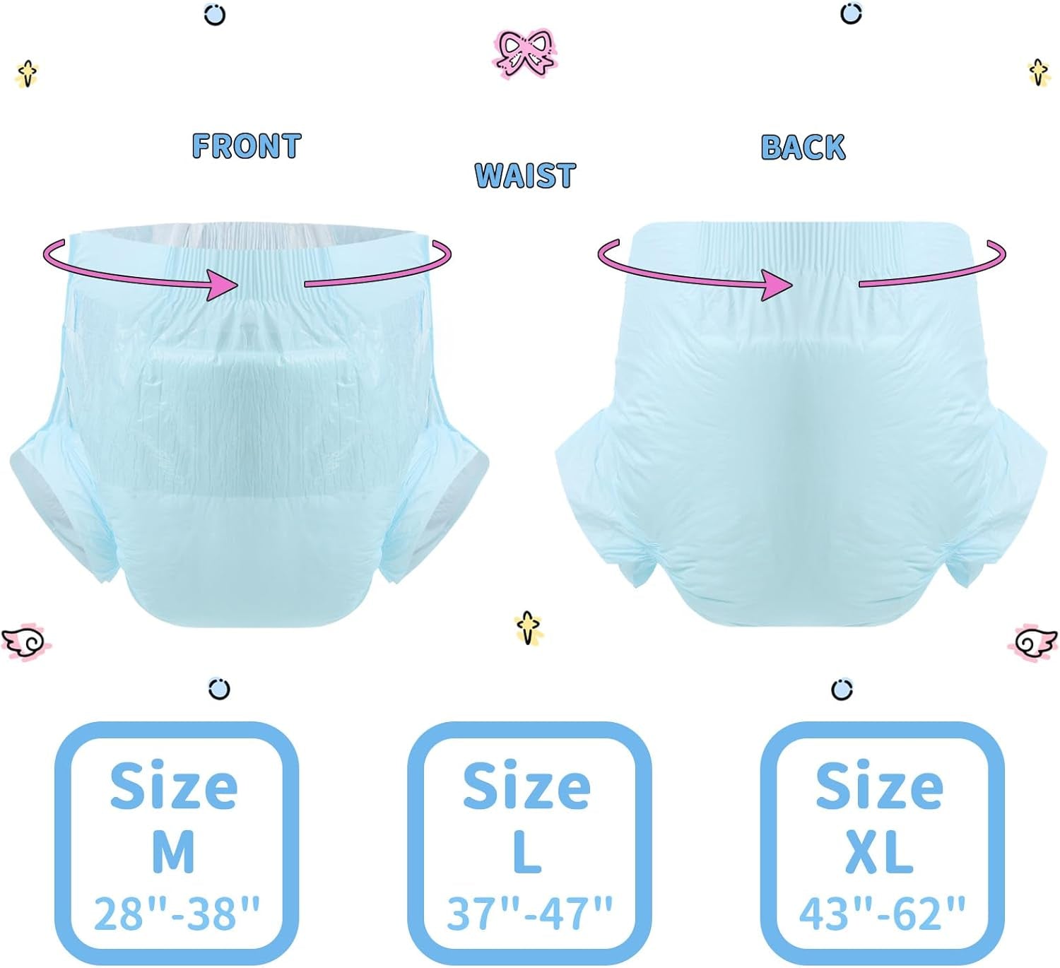 CutiePlusU Adult Diapers, Dry Surface, Maximum Absorbency Overnight, Disposable Incontinence Diaper - Blue, 2 Pack (Medium 71-96cm)