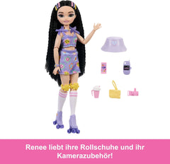 Păpușa Barbie Dream Besties și accesorii, Păpușă Barbie Renee la modă articulată cu patinaj pe role și păr negru, 12 accesorii tematice cu videoclipuri și mâncare, JFX99