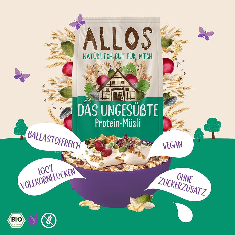 Allos unsweetened protein muesli | Organic Muesli | Oatmeal | Cereals for breakfast | Vegan (5 x 450g), 1 piece (pack of 5)