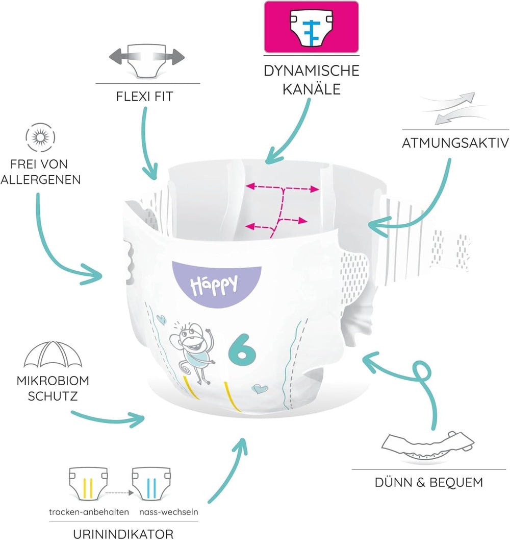 Bella Baby Happy Premium Diapers, Size 6, Junior Extra, 15+ kg, 96 pieces, DERMATEST and OEKO-TEX Seal, Disposable Baby Diapers