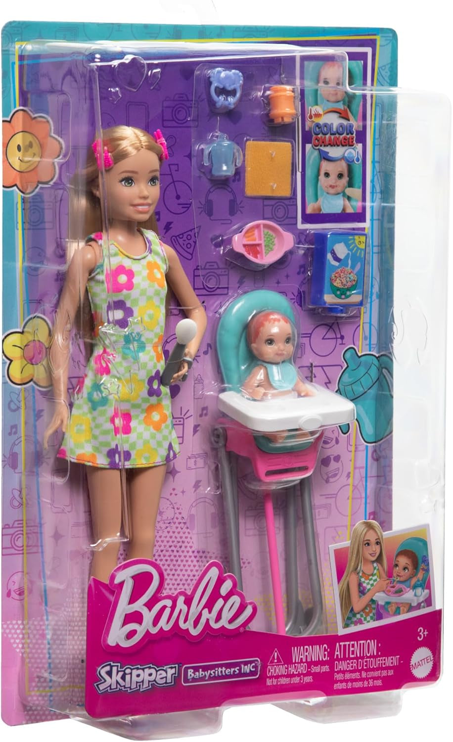 Păpușa Barbie Skipper și set de joacă cu accesorii, set de babysitting cu tematică alimentară, jucărie care își schimbă culoarea, HTK35