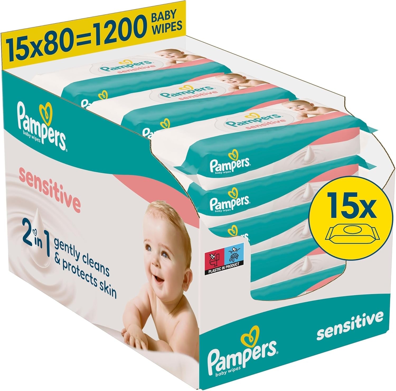 Pampers Sensitive Baby Wipes, 15 Pack of 80 Wipes, 1200 Baby Wipes, 2-in-1 Gentle Cleansing and Skin Protection