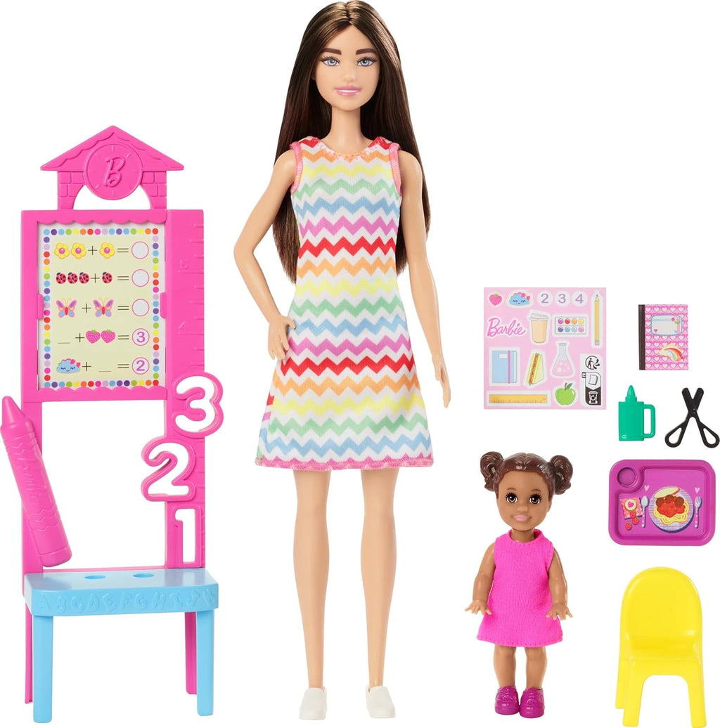 Păpușă Barbie profesoară cu păpușă de modă brunetă cu rochie cu model, 1 păpușă Toddler și accesorii pentru clasă, JCR76 Papusi Naty Shop