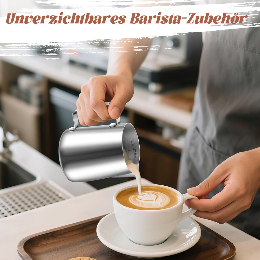 Cană de lapte, cană de lapte din oțel inoxidabil de 350 ml cu marcaj de măsurare, accesoriu barista, cană de lapte pentru cappuccino, espresso, latte art, iubitori de cafea, argintiu, 355 ml