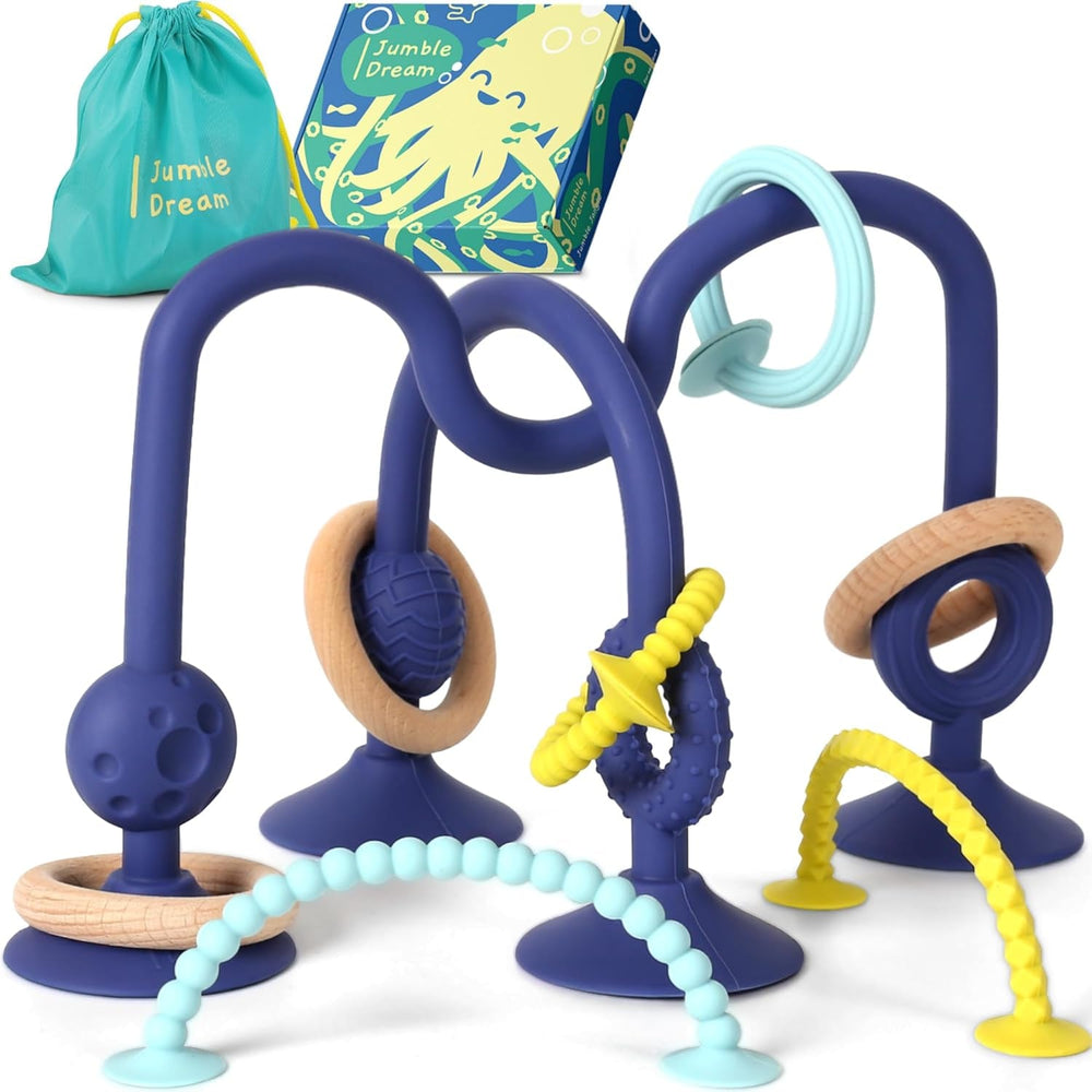 Inel de dentiție pentru bebeluși JUMBLE JANGLE: Jucărie de dentiție pentru bebeluși 3-24 luni | Set de 7 piese de jucării de mestecat fără BPA | Inel de dentiție din silicon răcoritor | Jucărie pentru copii mici cu ventuză pentru scaun înalt, masă și cadă