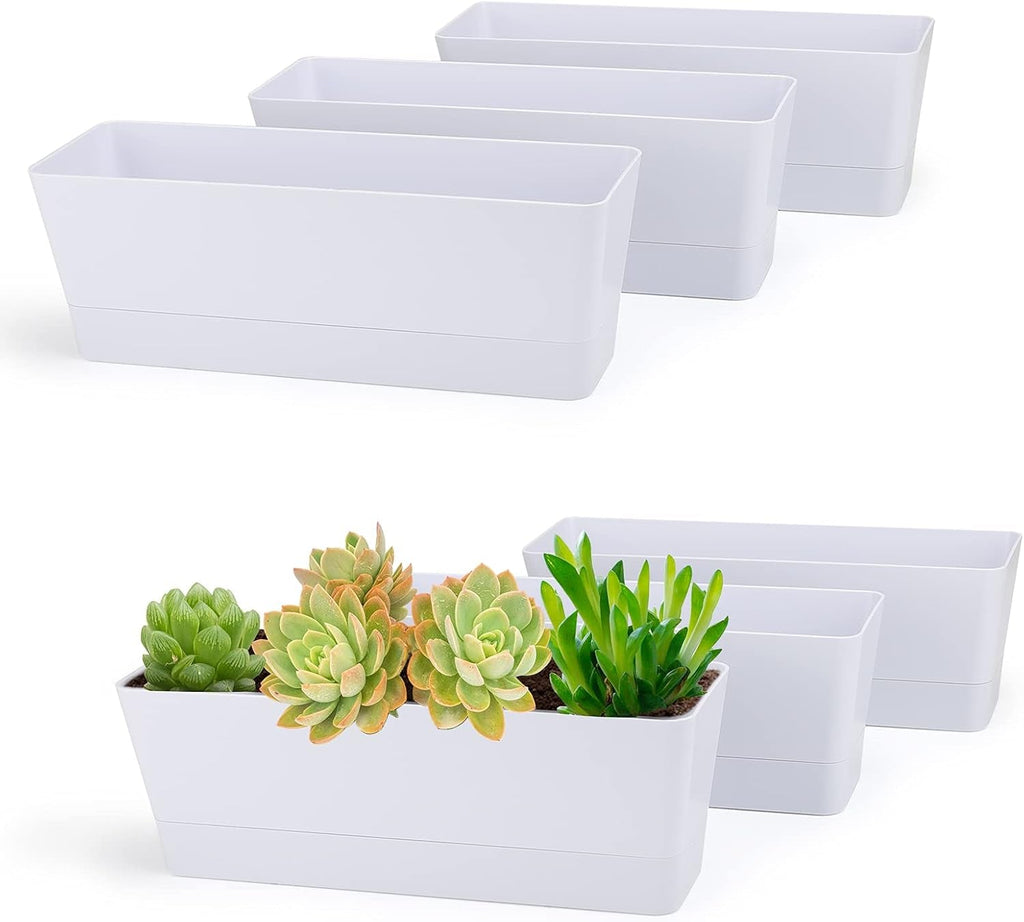 Set de 3 ghivece dreptunghiulare (40,6 × 9,7 cm) cu farfurioare – ghivece albe din plastic pentru ierburi, flori, legume – pentru balcon, grădină, pervaz, interior și exterior