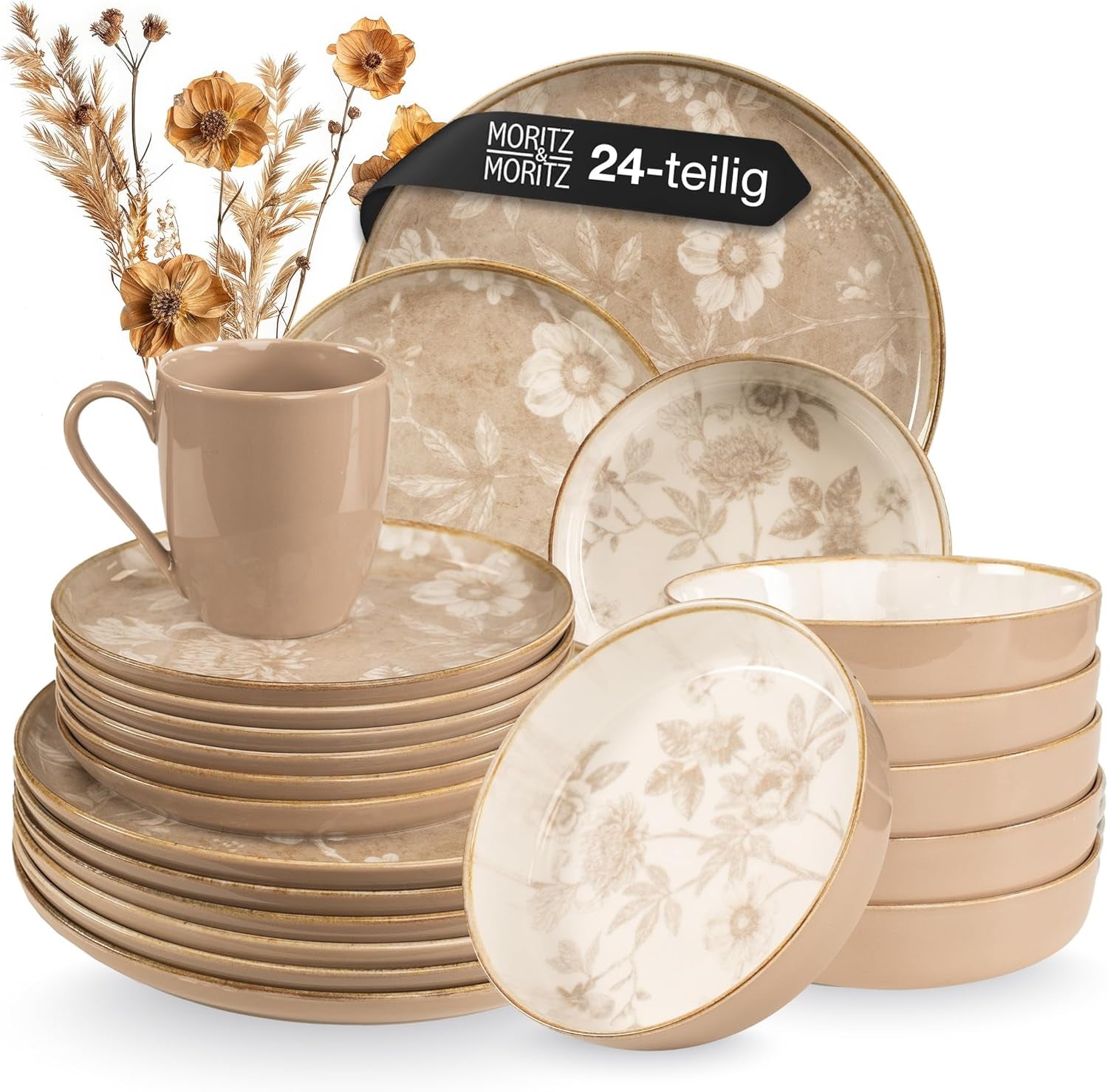 Set de veselă din gresie Moritz & Moritz MARIELLA pentru 6 persoane, 24 de piese - Veselă modernă bej cu un design jucăuș, serviciu de cafea ușor de întreținut cu farfurii, boluri și cești - Set combinat