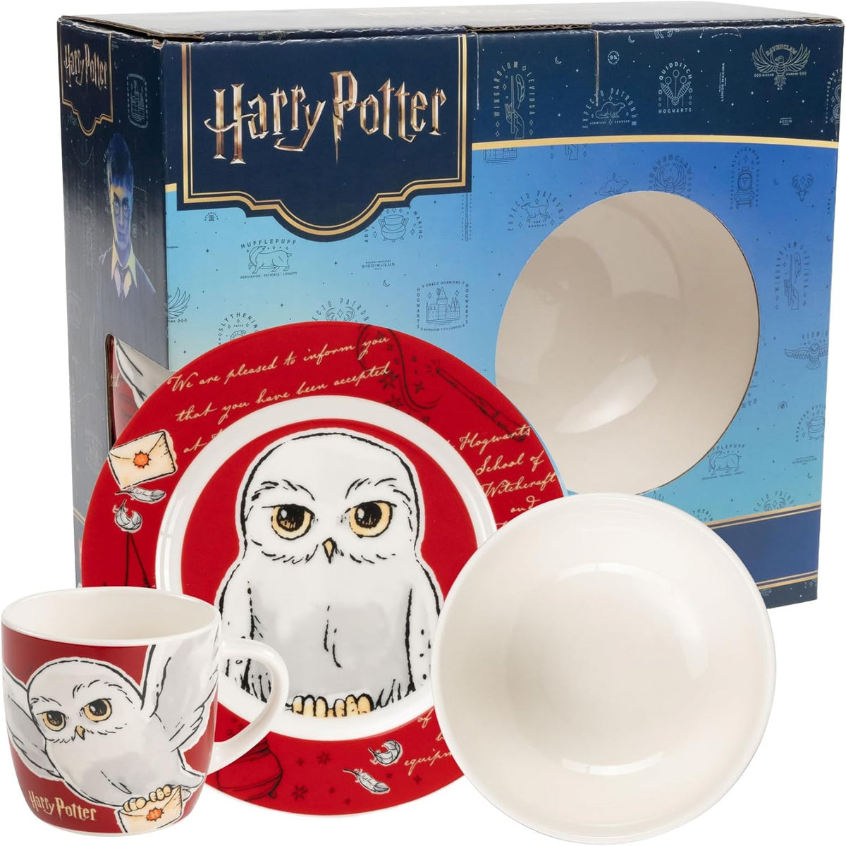 Set de veselă Harry Potter, 3 piese, roșu, set de mic dejun din porțelan cu farfurie Ø 19 cm, cană 220 ml și bol 330 ml, set de veselă
