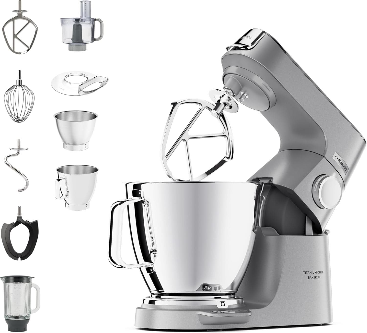 Kenwood Titanium Chef Baker KVC65.001WH, Küchenmaschine Mit Integrierter Waage, 1200 Watt, Inkl. 3-Teiligem Patisserie-Set, Spatula & Spritzschutz, Weiß Mother and Child Naty Shop Silber Chef Baker Xl