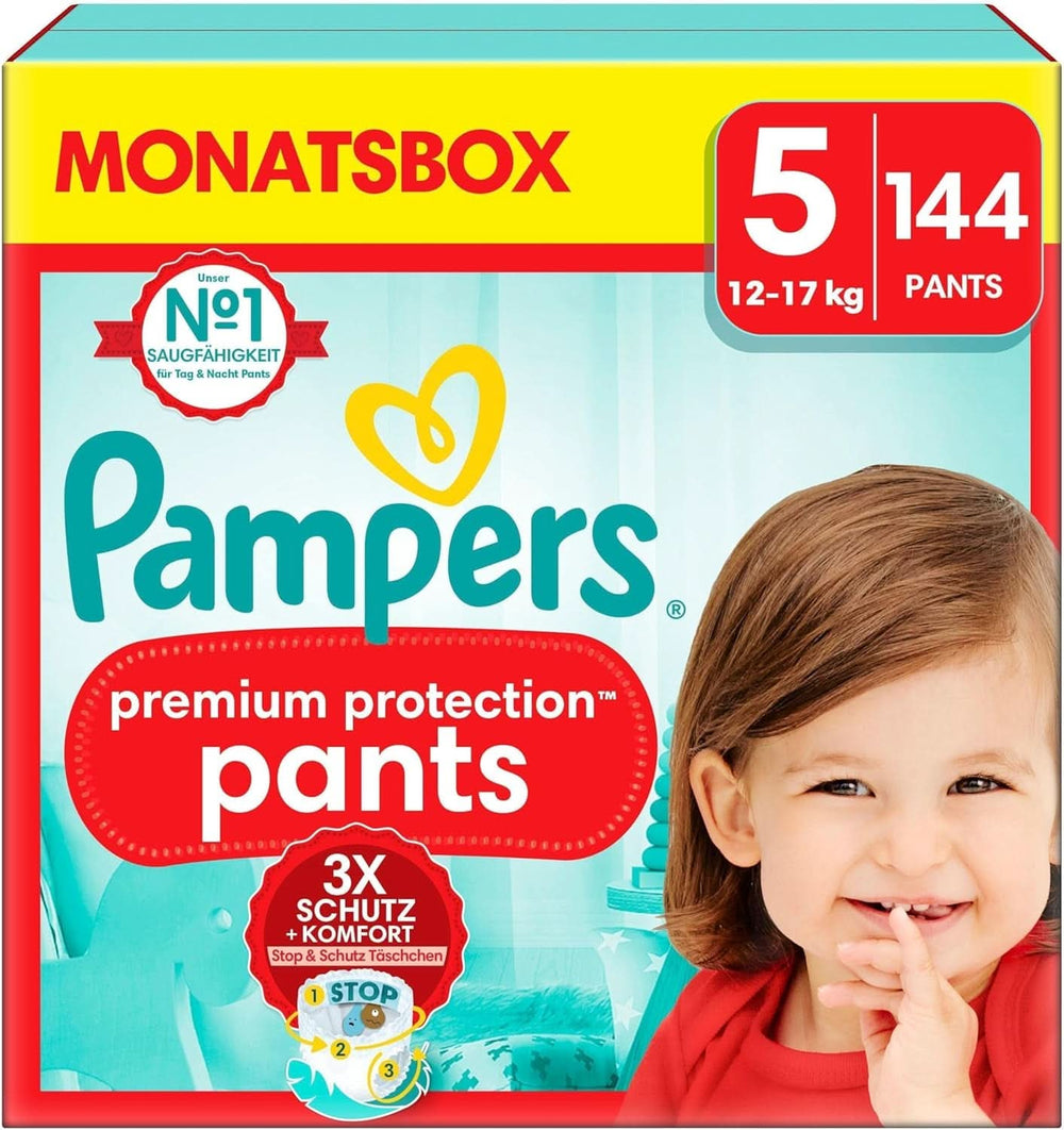 Pampers Baby Nappies Pantaloni mărimea 5 (12-17Kg) Premium Protection, Junior cu buzunar Stop and Protect, 144 scutece Panty Mama si Copilul Naty Shop 5 (144 buc) Premium Protection Pants