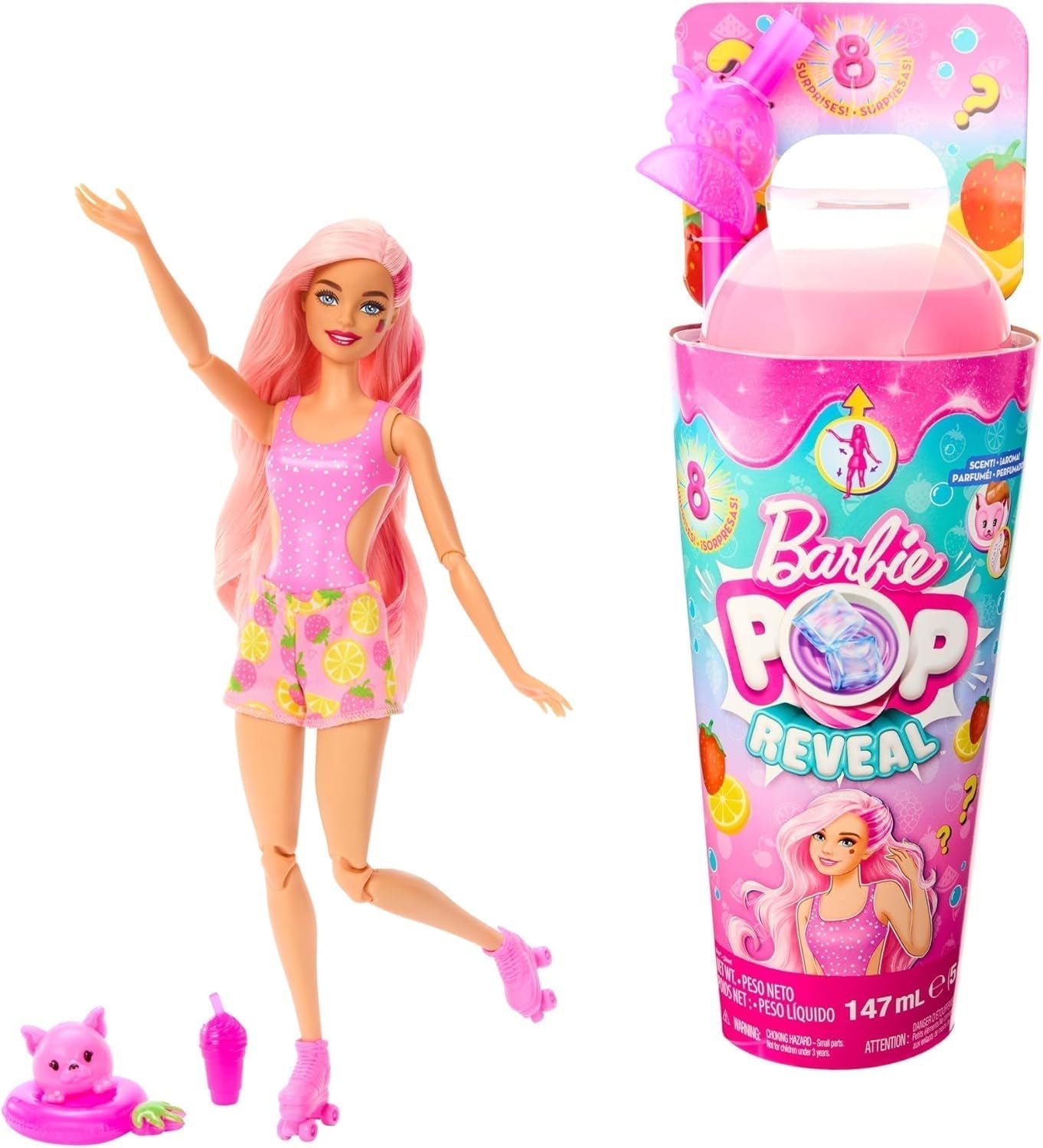 Barbie Pop Reveal Fruit - păpușă cu păr roșcat în aromă de pepene roșu, 8 surprize, fată squishy parfumată, păr și machiaj care își schimbă culoarea, pentru copii de la 3 ani, HNW43 Papusi Naty Shop Singur Design limonadă de căpșuni