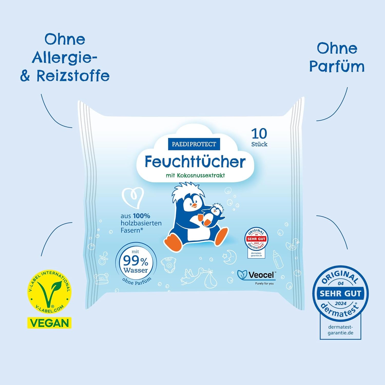 PAEDIPROTECT Baby Wet Wipes 1 x 10 Pcs Sensitive Baby Water Wet Wipes 99% Water Fragrance Free Baby & Kids Delicate Skin Coconut Extract Microplastic Free Vegan (5 Pack)