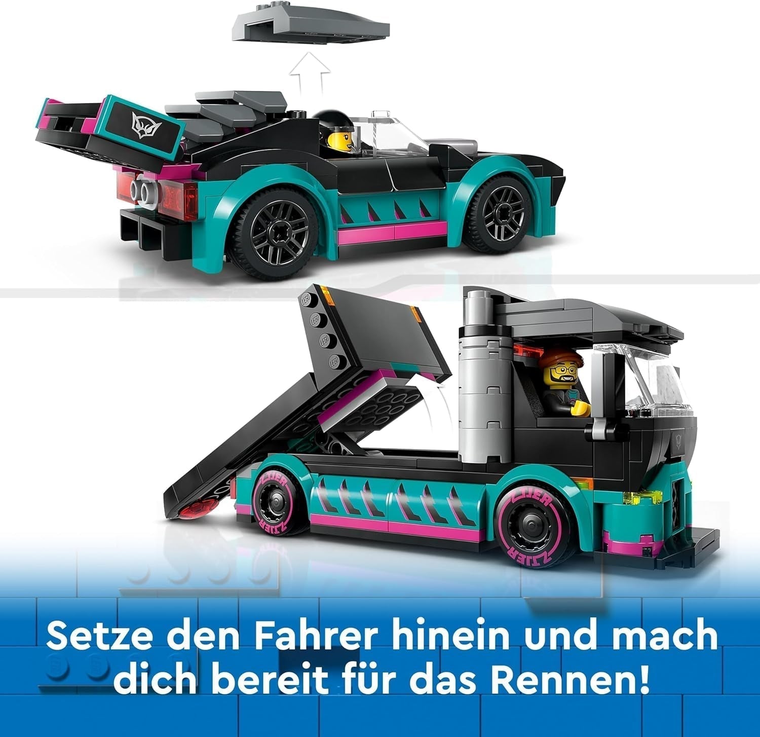 LEGO City Car Transporter with racing car, toy truck with adjustable loading ramp and racing car, building set with 2 minifigures, racing driver and truck driver, for children from 6 years old 60406 Building sets Besuche den LEGO-Store