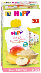 Hipp Organic Fruits and Cereals in Squeeze Bags for Babies Mango Banana Semolina 4 Pack (4X4X90G) Mother and Baby Naty Shop
