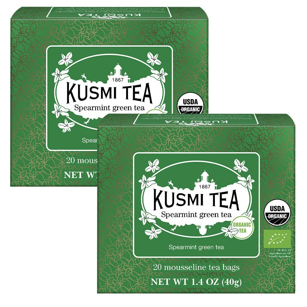 Kusmi Tea - Pachet de 2 - Ceai verde cu iasomie - Amestec de ceai verde organic cu iasomie - Ceai verde 100% organic - Se poate consuma fierbinte sau rece - 2X20 pliculețe de ceai