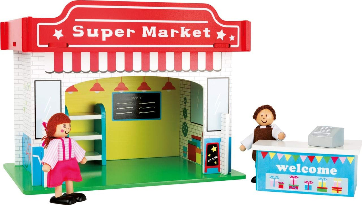 Small Foot 10852 Playhouse Restaurant Made of wood, With 2 doll figures, accessories and removable roof, From 3 years Dollhouses Naty Shop Supermarket