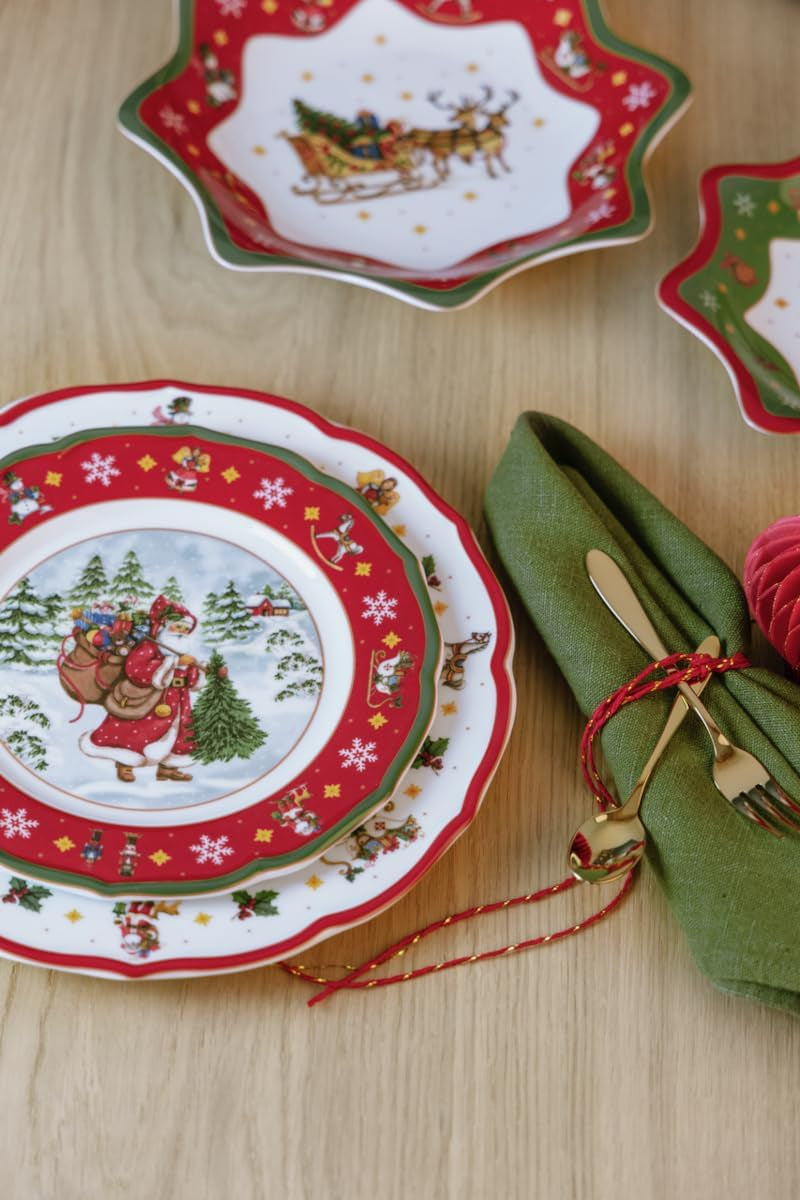 Set de veselă de Crăciun Hutschenreuther Happy Wintertime roșu pentru 6 persoane, porțelan, multicolor, 6 farfurii de mic dejun, 6 farfurii de cină și 6 farfurii de sumă, potrivit pentru mașina de spălat vase și cuptorul cu microunde