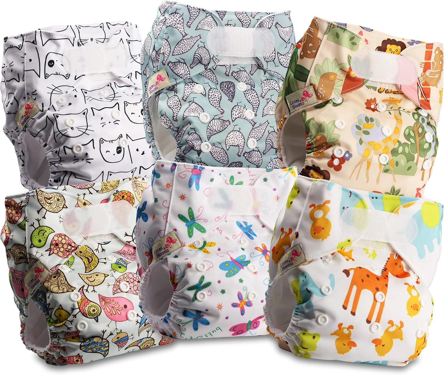 Littles and Bloomz Reusable Diaper FLV2-0602, Standard Hook and Loop Closure, 6 Diapers