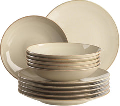 MÄSER 931734 Ossia, Teller-Set für 6 Personen im mediterranen Vintage-Look, 12-teiliges modernes Tafelservice mit Suppentellern und Speisetellern in sandigem Grau, Keramik, Sandgrau
