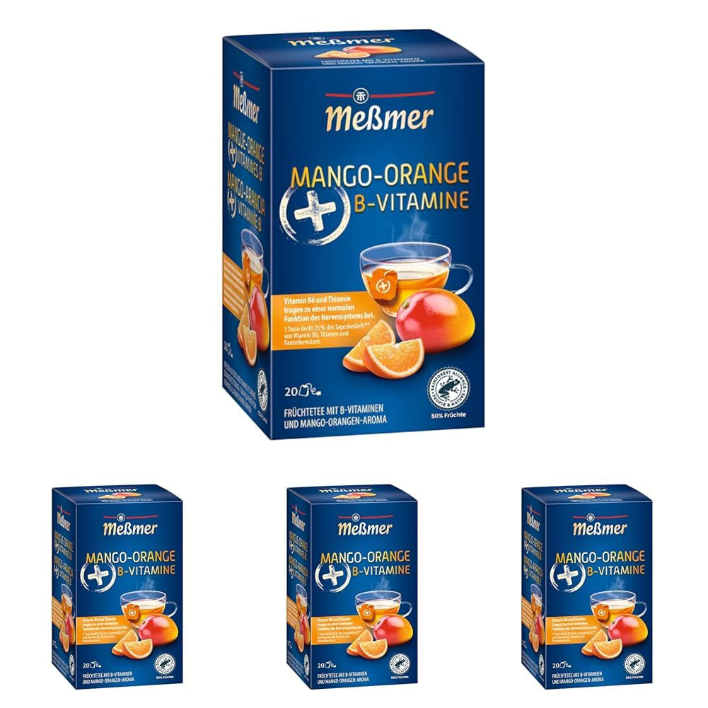Ceai Meßmer plus | Mango-portocală + vitamine B | 20 pliculețe de ceai | Fără gluten | Fără lactoză | Vegan