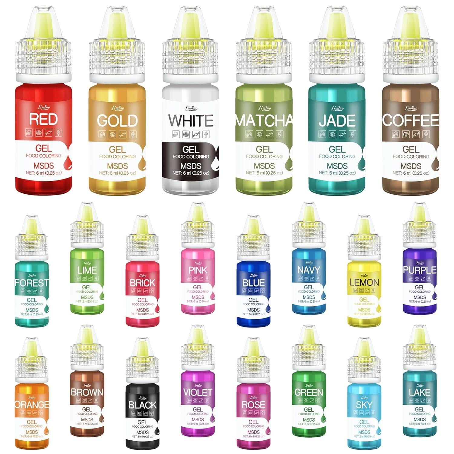 Colorant alimentar gel, recipiente de 6 ml si 10 ml Naty Shop 6 ml (set 22 bucati)