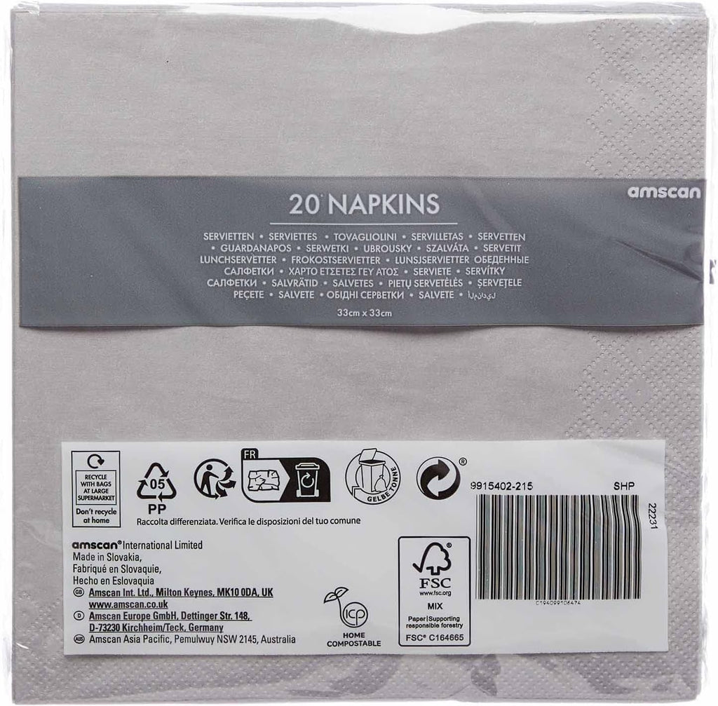 Amscan 9915402-215 - Șervețele de prânz ecologice, compostabile, gri grafit, 20 bucăți