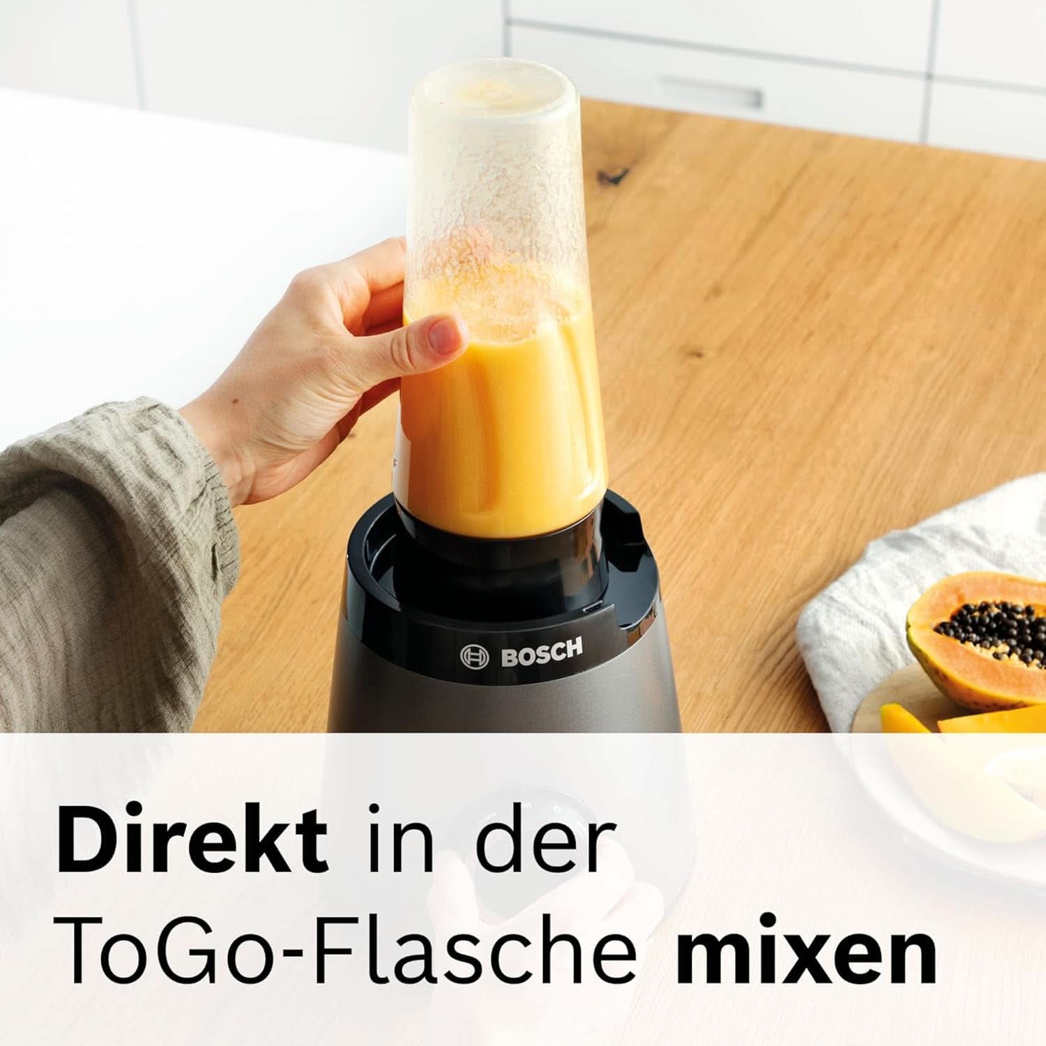 Bosch Standmixer Vitapower Serie 4 MMB6177S, Edelstahl-Klingen Made in Germany, 1.5L Thermosafe Glasbehälter, 0.6L To-Go-Flasche, Stopfer, Universalzerkleinerer, 30,000 U/Min, 1200 W, Silver Kitchen Naty Shop