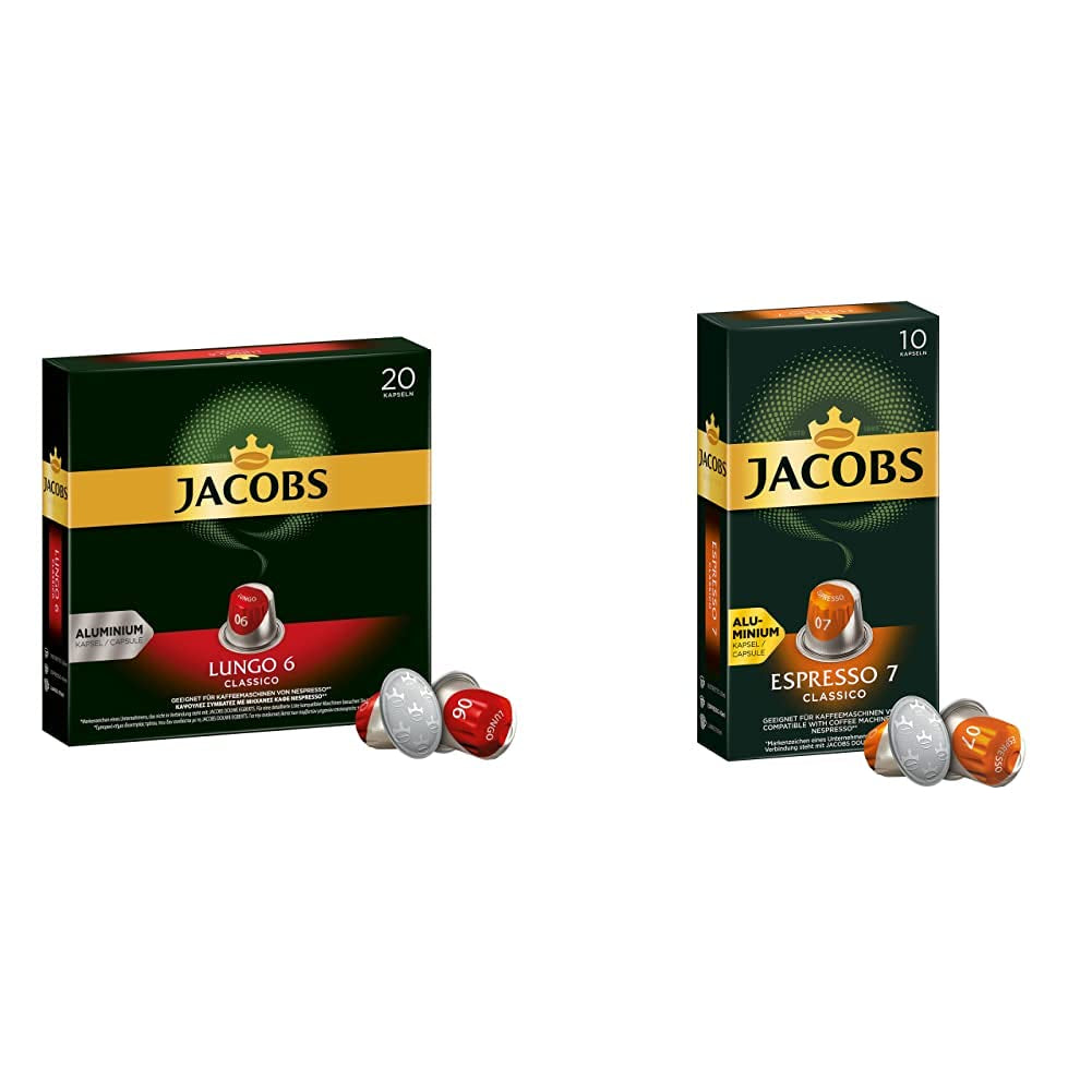 Kaffeekapseln Lungo Classico, Intensität 6 von 12, 20 Nespresso®* kompatible Kapseln, 10 x 20 & Kapseln Espresso Classico, Intensität 7,100 Nespresso®* kompatible Kaffeekapseln, 10x10 Getränke