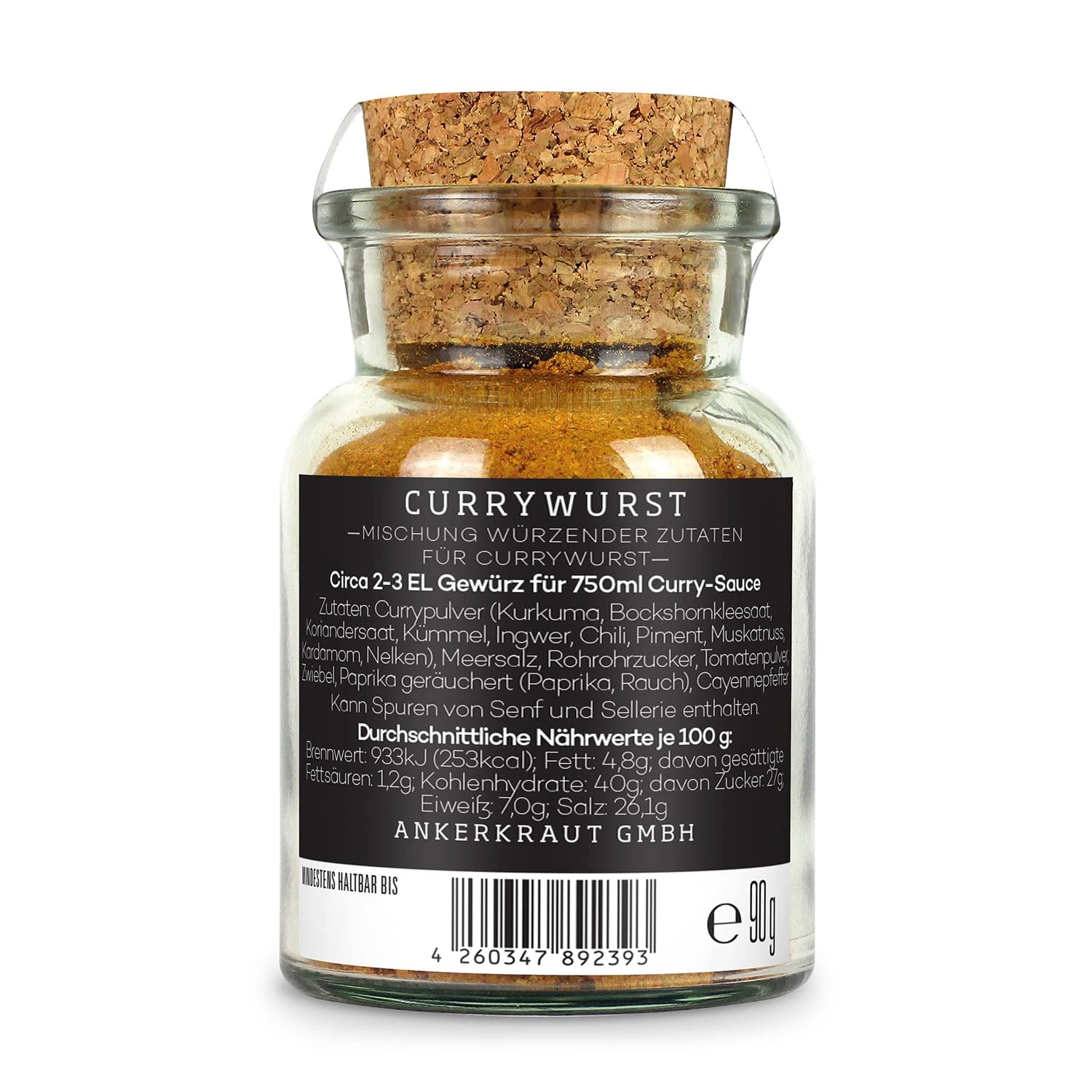 Ankerkraut Currywurst, 90g in cork glass, Gewürzmischung zum Anmischen selbstgemachter Currywurst-Sauce oder als Topping