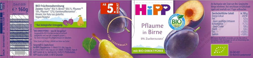 HiPP Organic Plums with Pear Flavor (6 x 160g), from 5 months, no added sugar, particularly intense fruit flavor, of the best organic quality.