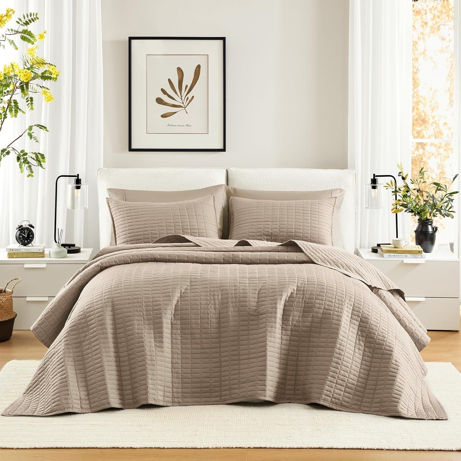 Comfort Spaces Kienna Quilt Set, Luxury Double Stitch Summer Blanket, Lightweight, Soft, Year Round Bedding, Matching Pillowcase, White, Blanket for King Size Beds (264.2 X 228.6 Cm), Naty Shop Quilts & Quilts Taupe Oversized King Bedspread(120"X118")
