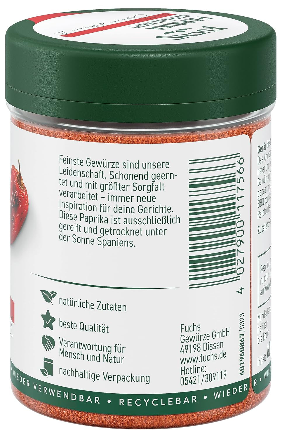 Fuchs Gewürze - Paprika geräuchert gemahlen - rauchiger Gesmack für BBQ, Gulasch oder Tofu - natural Ingredients - 60 g in wiederverwendbarer, recyclebarer Dose