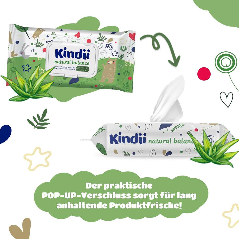 Kindii Natural Balance wet wipes for babies – (1 x 60 pcs.) Wet wipes for babies and children – Protective, Aloe Vera, Delicate fragrance – 60 pcs.