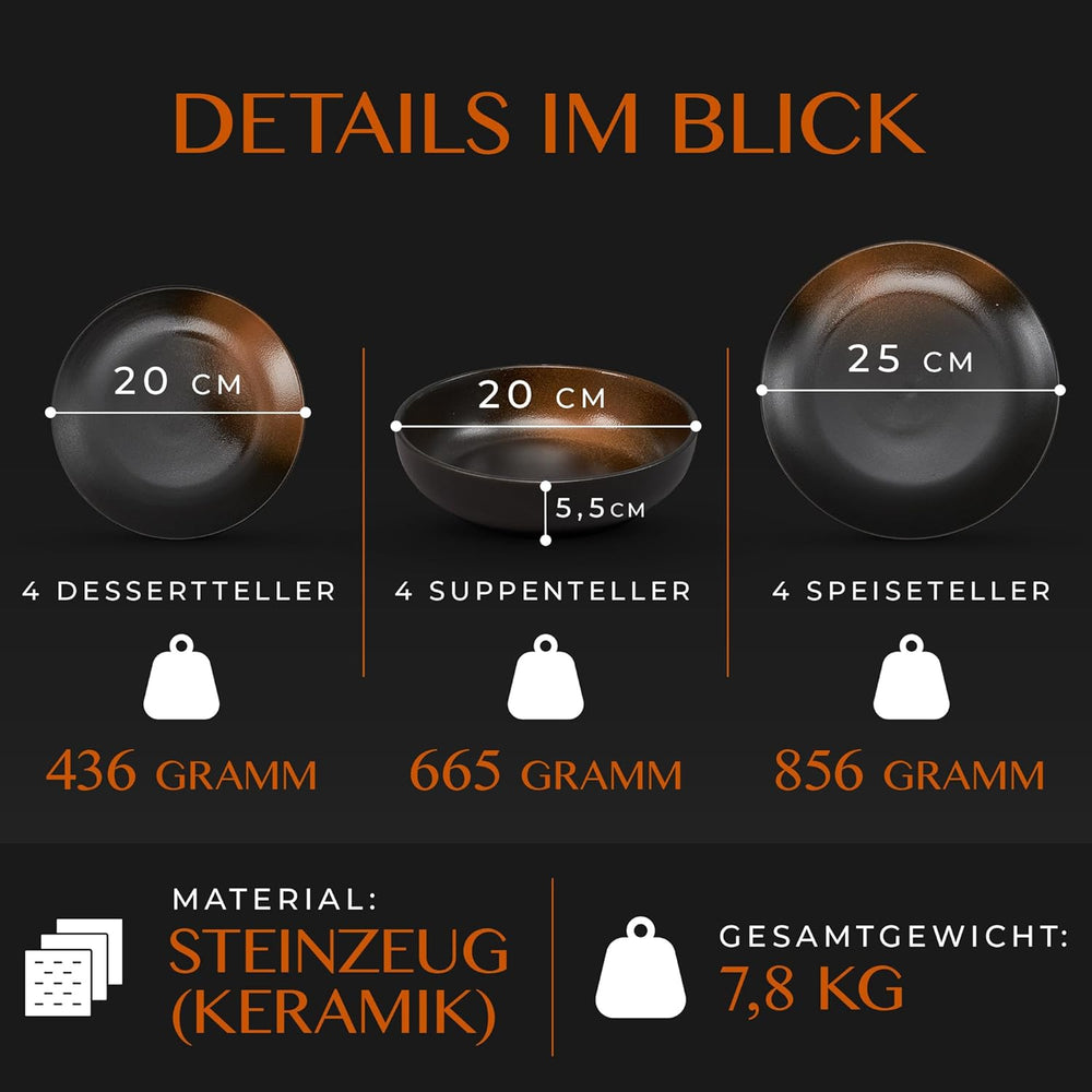 Set de veselă din gresie, format din 12 piese – Prairie Line – design elegant în tonuri de maro/negru, set format din 4 farfurii de cină, 4 farfurii de desert și 4 farfurii de sumă/Colecția Premium